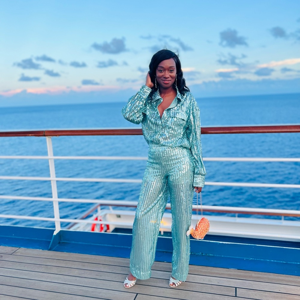 Jeannie Mai x INC sequin blouse and pants